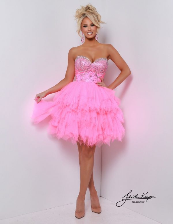 Hot pink strapless cocktail dress with rhinestone bodice and layered tulle skirt, ideal for teen homecoming and homecoming dances.